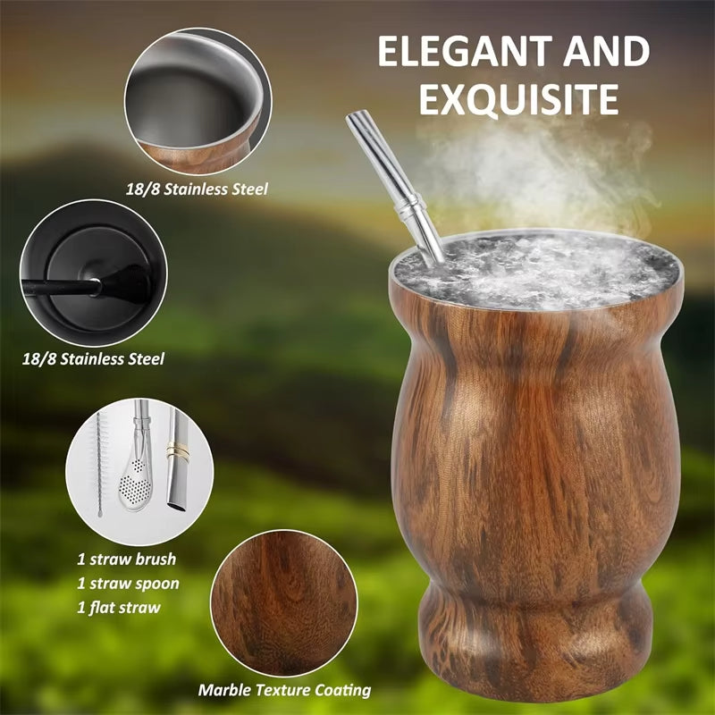 8Oz Yerba Mate Cup Set Double Wall 304 Stainless Steel Mate Gourd Heat Insulated Mug with 2 Straws and Cleaning Brush for Drinks