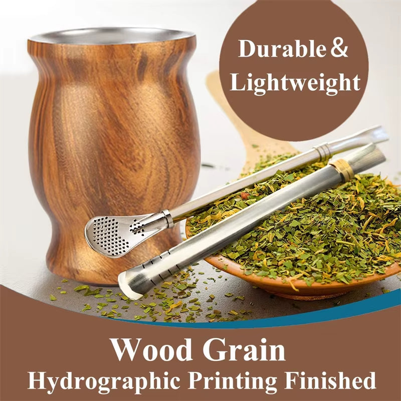 8Oz Yerba Mate Cup Set Double Wall 304 Stainless Steel Mate Gourd Heat Insulated Mug with 2 Straws and Cleaning Brush for Drinks