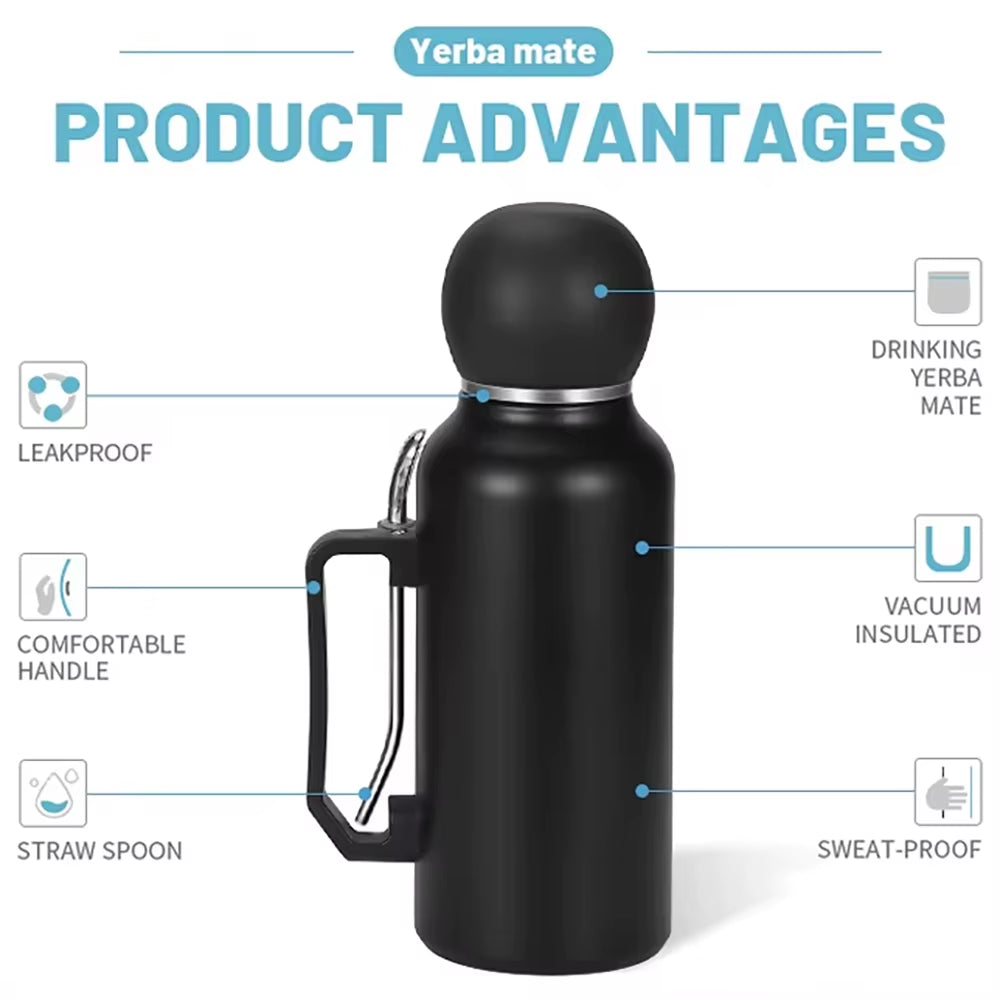 1300Ml Insulated Bottle for Yerba Mate, Double-Walled Yerba Mate Thermos W/ Detachable Cup & Bombilla Straw Combo Set - Portable