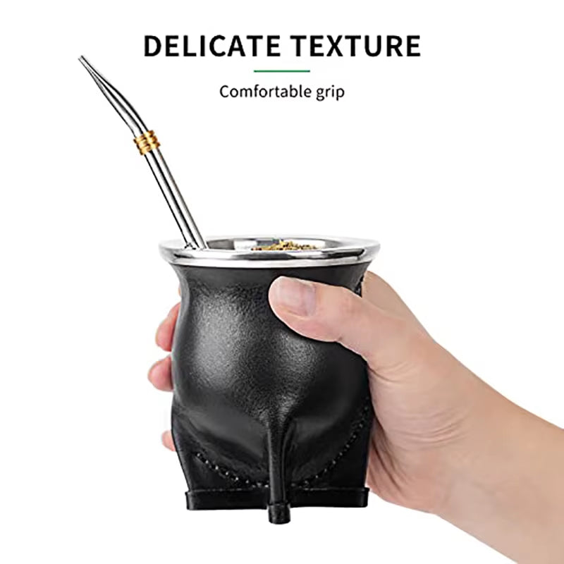 Handmade Argentina Yerba Mate Cup Set with Ceramic Liner Mate Gourd, Bombilla Mate Straw, Cleaning Brush