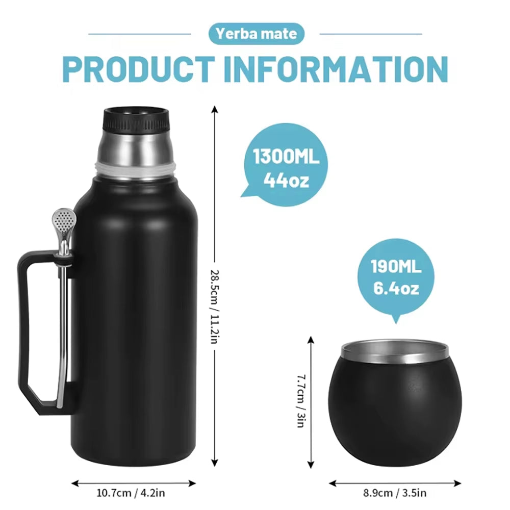 1300Ml Insulated Bottle for Yerba Mate, Double-Walled Yerba Mate Thermos W/ Detachable Cup & Bombilla Straw Combo Set - Portable