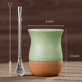 Mate de Cerámica Minimalista 260ml con Base de Madera y Bombilla