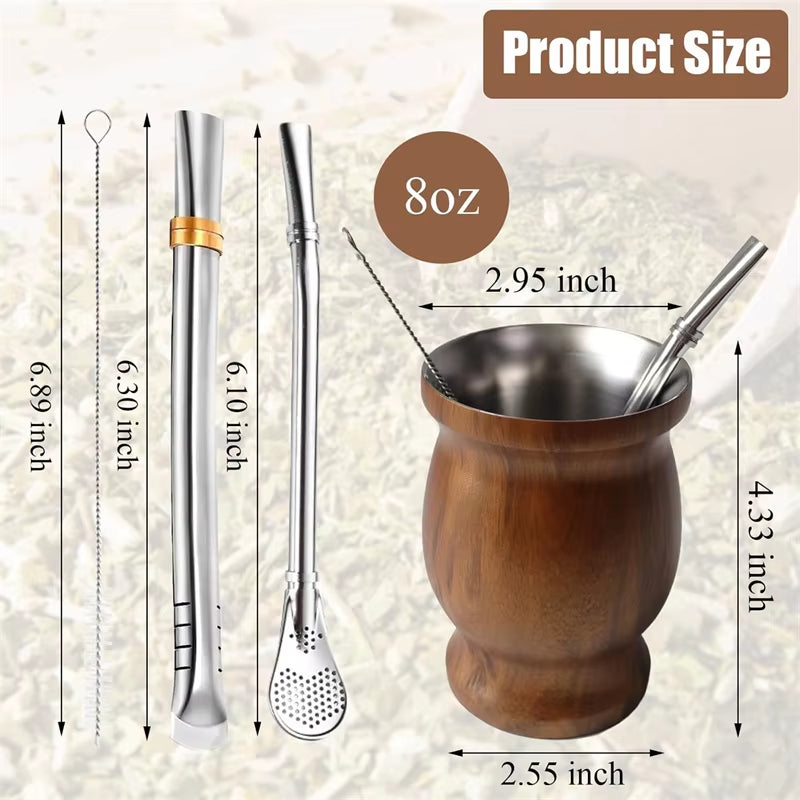 8Oz Yerba Mate Cup Set Double Wall 304 Stainless Steel Mate Gourd Heat Insulated Mug with 2 Straws and Cleaning Brush for Drinks